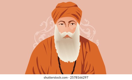 Illustration of Guru Nanak Dev Ji with a calm expression, wearing traditional attire and a prayer bead necklace, symbolizing divine wisdom, peace, and Sikh spirituality