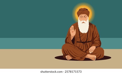 Illustration of Guru Nanak Dev Ji in a meditative posture with a glowing aura, raising his hand in blessing, symbolizing peace, wisdom, and divine guidance in Sikhism