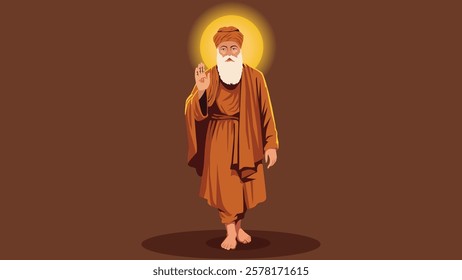 Illustration of Guru Nanak Dev Ji walking with a radiant aura, raising his hand in blessing, symbolizing spiritual wisdom, peace, and divine guidance in Sikhism