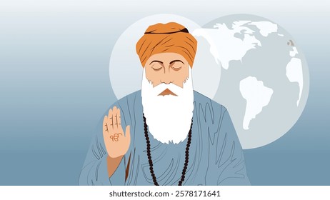 Illustration of Guru Nanak Dev Ji meditating with a glowing aura and a world map in the background, symbolizing universal wisdom, peace, and divine blessings in Sikhism