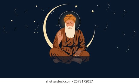 Illustration of Guru Nanak Dev Ji meditating on a crescent moon with a glowing aura, surrounded by stars, symbolizing divine wisdom, peace, and enlightenment in Sikhism