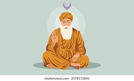 Illustration of Guru Nanak Dev Ji meditating with a glowing aura and the Khanda symbol above, representing divine wisdom, peace, and spiritual enlightenment in Sikhism