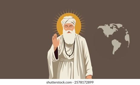 Illustration of Guru Nanak Dev Ji with a radiant aura, raising his hand in blessing, with a world map in the background, symbolizing universal wisdom, peace, and spiritual enlightenment