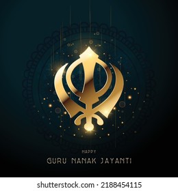  illustration of Guru Nanak Jayanti celebration , indian festival concept . vector creative poster background with Golden khanda (symbol )sikh icon .