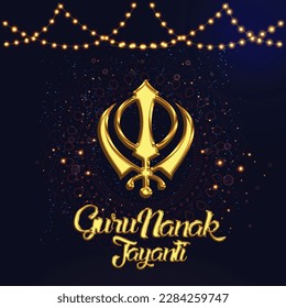  illustration of Guru Nanak Jayanti celebration , indian festival concept . vector creative poster background with Golden khanda (symbol )sikh icon .