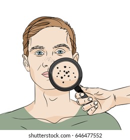 Illustration of a guy with black spots seen in a magnifier on white background