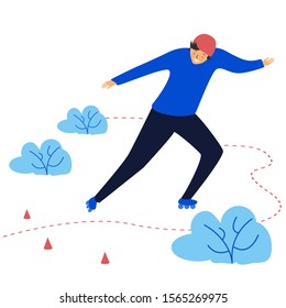 illustration of a guy in a blue sweater and hat rollerblading between the cones in the park. flat style. sports healthy lifestyle. for design