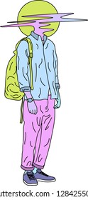 Illustration, the guy in bright clothes with a backpack is resting. Lifestyle