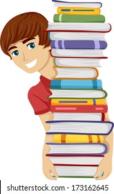 Illustration Of A Guy Carrying A Tall Stack Of Books