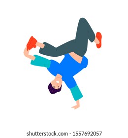 Illustration of a guy dancing upside down. Vector. A young dancer is standing on one arm. Flat style. Image isolated on a white background. Booty to the top.