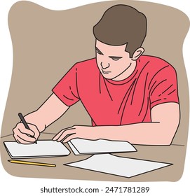 illustration of guy doing homework, vector style