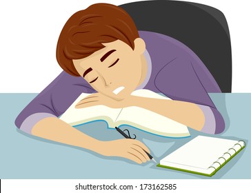 Illustration of a Guy Dozing Off to Sleep While Studying