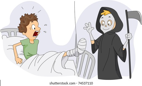 Illustration of a Guy Dressed as the Grim Reaper Visiting a Patient