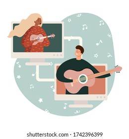 Illustration of a guy and a girl playing the ukulele and guitar online. Music rehearsal online from home, online class. Broadcast of the concert and rehearsal, online meetings with friends and fans