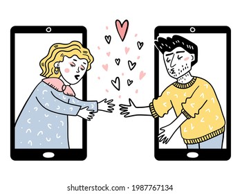 Illustration of a guy and a girl reaching out to each other from phone screens. Cute doodle style. Colored isolated objects on a white background.