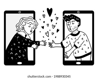 Illustration of a guy and a girl reaching out to each other from phone screens. Cute doodle style. Black outline isolated objects on a white background.