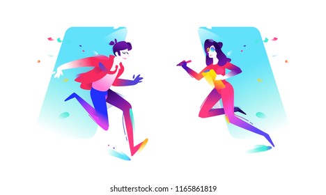 Ilustración de un hombre y una chica. Vector. Personajes cortos en un estilo cómico, caricaturista. Gerentes. La ilustración está aislada en un fondo blanco. Mascotas para carteles, afiches e impresos.