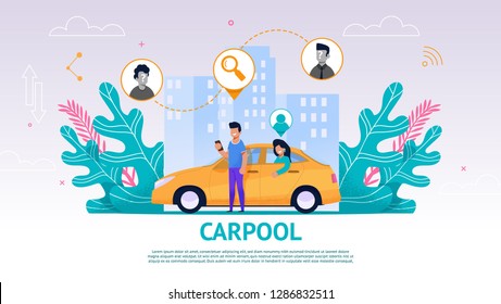 Illustration Guy and Girl in Yellow Car, Carpool. Vector Image Young Man Watching an Application Mobile Phone Search Fellow Traveler. Happy Woman Sitting Back Seat Car Waiting Trip. Against Cityscape