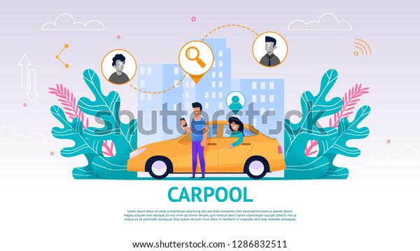 Illustration Guy and Girl in Yellow Car,\
Carpool. Vector Image Young Man Watching an Application Mobile\
Phone Search Fellow Traveler. Happy Woman Sitting Back Seat Car\
Waiting Trip. Against\
Cityscape