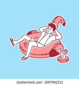 Illustration of a guy having a rest on the water. He lies on a pink inflatable circle in the shape of a flamingo, and a glass with a cocktail is floating next to him, thereby demonstrating a good rest