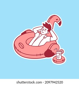 Illustration of a guy having a rest on the water. He lies on a pink inflatable circle in the shape of a flamingo, and a glass with a cocktail is floating next to him, thereby demonstrating a good rest