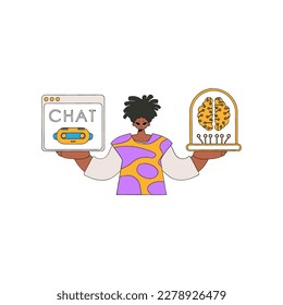 Illustration of a guy holding a chat with AI in his hands.
