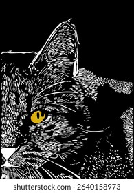 Illustration of a guy hugging a cat. Black and white illustration. Vector illustration. Ideal for a banner, poster or postcard.