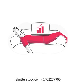 illustration of a guy laying down on a sofa and watching how the graphic growths on laptop