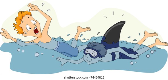 Illustration eines Guys, der vorgibt, ein Hai zu sein, der die Schwimmer verscheucht