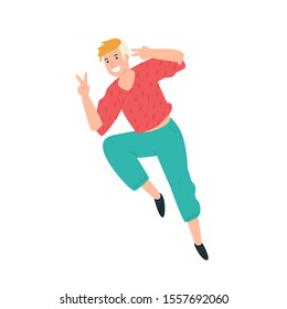 Illustration of a guy running to the viewer. Vector. A young boy rejoices in victory and greets us. Flat style. Image isolated on a white background. Nice man.