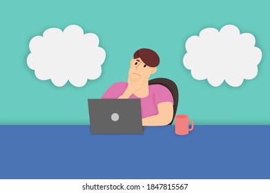 Ilustración de un tipo sentado detrás de una laptop y pensando con dos nubes de pensamiento