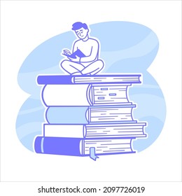 An illustration of a guy sitting on a stack of books and reading one of them. Perfect for demonstrating self-education, leisure, or study.