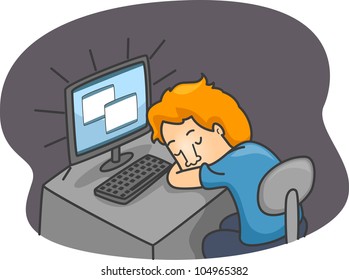 Illustration of a Guy Sleeping in Front of His Computer