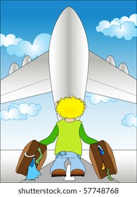 Illustration of a guy standing on airfield - going to travel