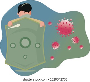 illustration of guy take cover from corona viruses. vector in eps 10 file