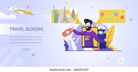 Illustration Guy Talk About Sights Countries World. Banner Vector Man on Tablet. View Online Travel Bloging. Studying Route Travel Another Country. Flight Plane. Trip Weekend. Information what to See