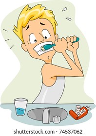 Illustration of a Guy with a Toothbrush Stuck on His Teeth