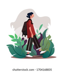 Illustration Of A Guy Walking In A Grass With A Backpack. Teenager Walking Vector Illustration. Young Man In Casual Clothes Going Down Among The Leaves. Man With Backpack Taking A Walk, Vector EPS10