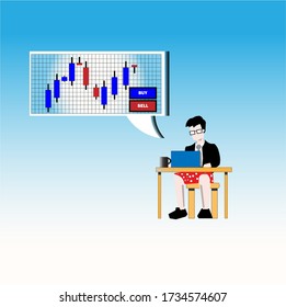 An illustration of a guy wearing boxer sitting in front of a laptop isolated over blue.