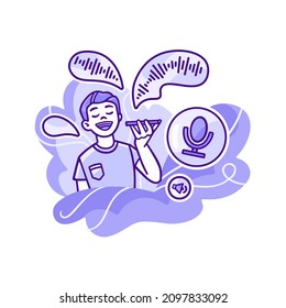 Illustration of a guy who sends voice messages to his friends. He holds a phone in his hands and tells interesting news. Soundtracks float away in clouds to their recipients.