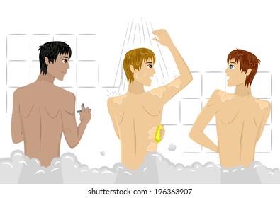 Illustration Of Guys Bathing In A Communal Shower Together