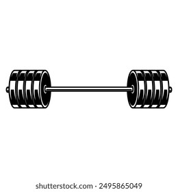 Illustration of gym barbell in monochrome style. Design element for logo, sign, emblem. Vector illustration 