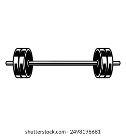 Illustration of gym barbell in monochrome style. Design element for logo, sign, emblem. Vector illustration 