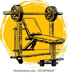 Illustration einer Fitnessstudio-Bankpresse mit Barbell und Gewichten auf fett gelbem Hintergrund.