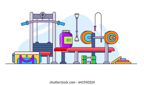 Illustration of gym. Bench press, dumbbells, protein shakes, sports bag, jump ropes, expander. In flat style