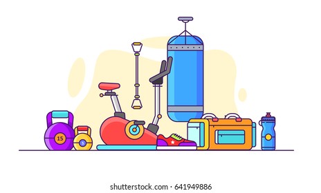 Illustration Of Gym. Weights, Stationary Bike, Punching Bag, Sport Bag For Things. In Flat Style