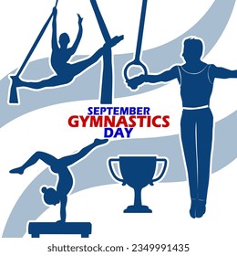 Illustration of gymnastic athletes with trophy and bold text on white background to commemorate National Gymnastics Day on September