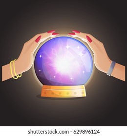 Illustration of a gypsy fortune teller working and making predictions with a magic globe shiny speare with thunders and supernatural glow.