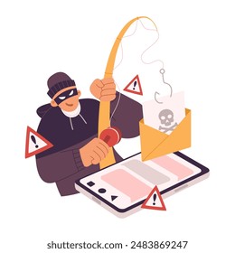 Ilustración de actividades de hackers, phishing, estafa y hackeo de datos. Gancho de pesca con icono de sobre de correo electrónico.  Vector de diseño plano