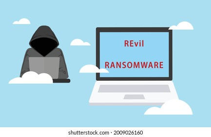 Illustration of hacker attacking computer system with REvil Ransomware. Cybersecurity and information security incidence concept. Cyber attack and crime..